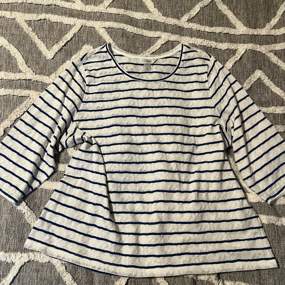 CJ Banks Blue and White Striped, Lace Textured Long Sleeve Top